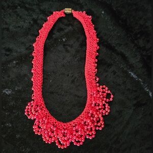 Handmade Red Beaded Fringe Statement Necklace